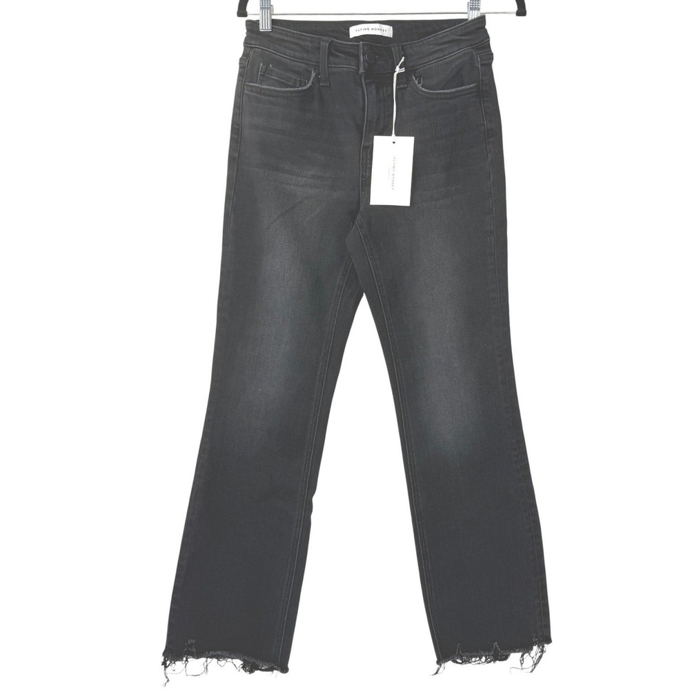 Flying Monkey High Rise Straight Jeans Womens 27 Black Raw Hem Cropped Denim - Picture 1 of 11